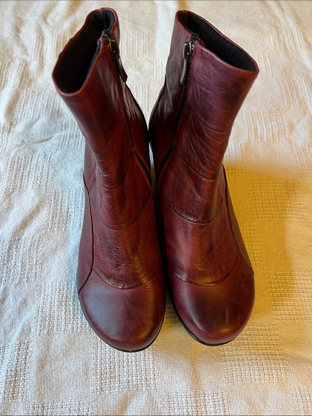 Maroon Leather Wedge Ankle Boots with Side Zippers - Picture 4 of 11